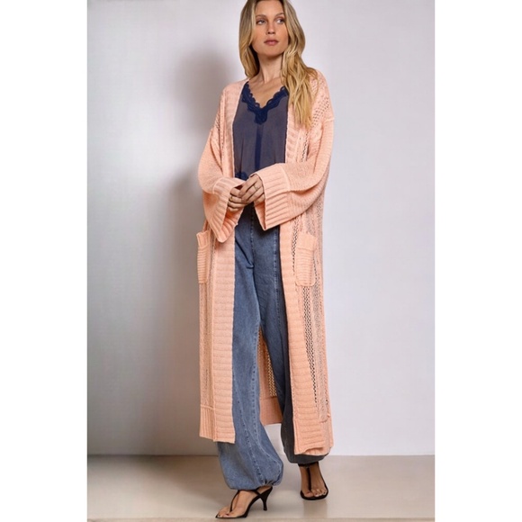 POL Himalayan Pink Mixed Weave Oversized Transitional Knit Long Cardigan - Picture 4 of 6